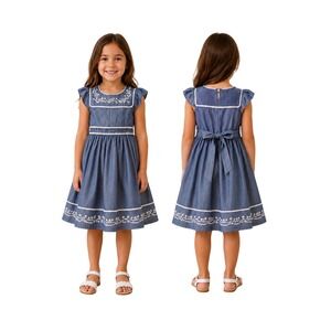 Donita Girls Embroidered Chambray Dress eyelet Tulle Lined Summer/Flower Girl, 6